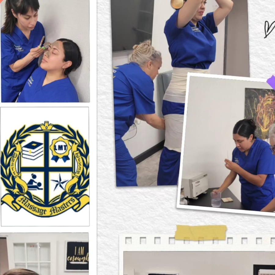 Massage Masters School students practicing facial treatments, and the school crest