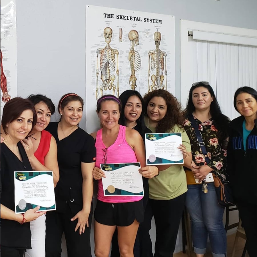 Massage Masters School students holding their medical lymphatic massage technique certificates